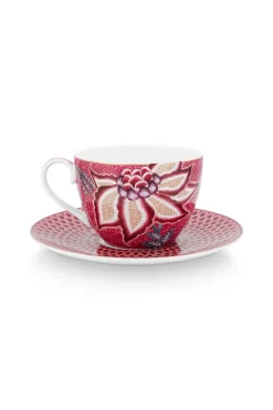 Flower Festival Set/2 Cappuccino Kop & Schotel Donkerroze