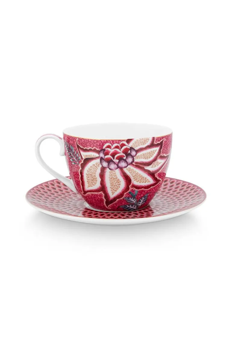 Flower Festival Set/2 Cappuccino Kop & Schotel Donkerroze